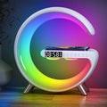 Smart Table Lamp with 4-in-1 Wireless Charger, Night Light, Bluetooth Speaker, Alarm Clock, App Control, Office, Bedroom, Home Decor (White)