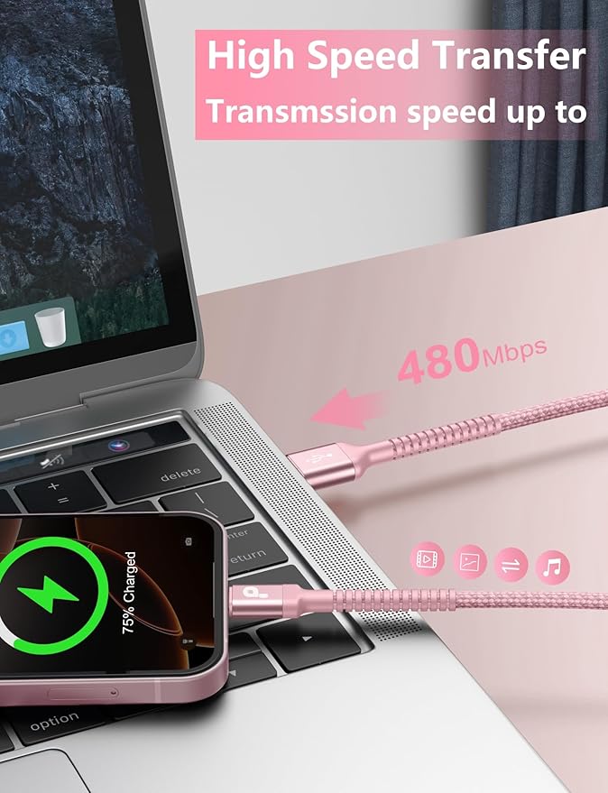 iPhone 16 USB C Cable Fast Charging [2 Pack, 6FT], USB A to USB C Charger Cord, Upgraded Extra Durable Braided USBC Cable Compatible with iPhone 16 15 Pro Max, LG and More-Pink