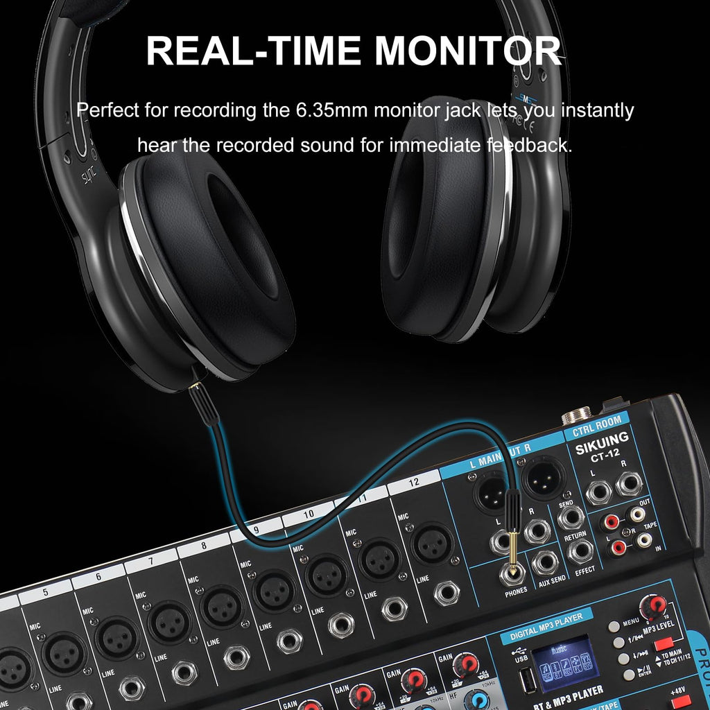 SIKUING 12 Channel Audio Interfacer Sound Board Mixer DJ Mixer 16-Bit DSP Effect USB Audio Mixer +48V Phantom Power Bluetooth Mixer for Karaoke Studio Streaming Recording,Live Streaming