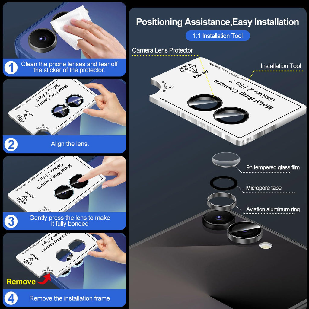 Avocase for Samsung Galaxy Z Flip 7 Camera Lens Protector, Individual Metal Ring Tempered Glass Lens Cover, [Strong Adsorption] Scratch Resistant Ultra-Thin HD Clear Lens Cover, 1 Set-Black Ring