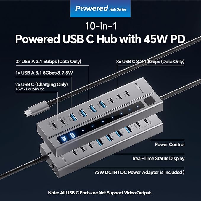 Powered USB C Hub, PULWTOP 11-in-1 Power Hub with SD/TF, 2*USB-C 10Gbps, 4*USB-A 5/10Gbps and 2 * 24/45W Type-C PD Charging Ports (Not Support Video), USB Powered Hub 72W DC Adapter Included