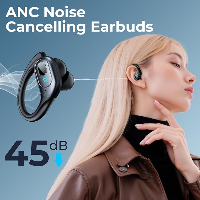 occiam Active Noise Cancelling Ear Buds Bluetooth Headphones Wireless Earbuds 90Hrs Playback Stereo Bass Earphones with Over-Ear Hooks IPX7 Waterproof Earbud for Sports Running Gym Workout Black