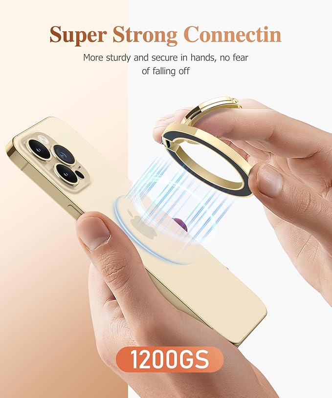 GVIEWIN Magnetic Phone Ring Holder, Compatible with MagSafe Phone Grip with Adjustable Stand, Magnet Phone Ring Kickstand for iPhone 16 Pro Max/Plus/15/14/13/12 Series/Other Phones (Glitter/Gold)