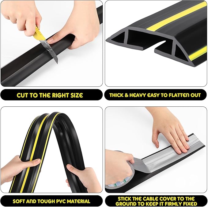 Pangda 30 FT Floor Cable Cover Heavy Duty Cord Cover Protector Power Cable Protector Soft Extension, Organize and Protect Wire on Floor for Home Office or Outdoor Settings (Black, Yellow)