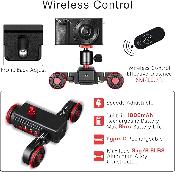 EACHSHOT Motorized Dolly Car, 3-Wheels Wireless Electric Track Rail Slider Video Camera Dolly Car with Remote Control, Compatible with DSLR Camera, Camcorder, for GoPro, iPhone, and Android Smartphone