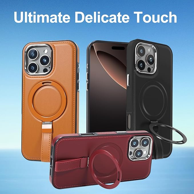 Leather Case, Suitable for iPhone 16 Pro Max Case, Invisible Magnetic Design, Equipped with a Lanyard and Foldable Stand, Black, Yellow and red (Black, iPhone 16 Pro Max)