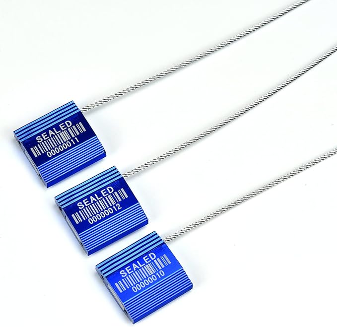 100 Blue Steel Cable Seals with Barcode - High Security Numbered Truck Seals - Anti-Tamper Pull Tite Self-Locking Safety Ties - ISO 17712