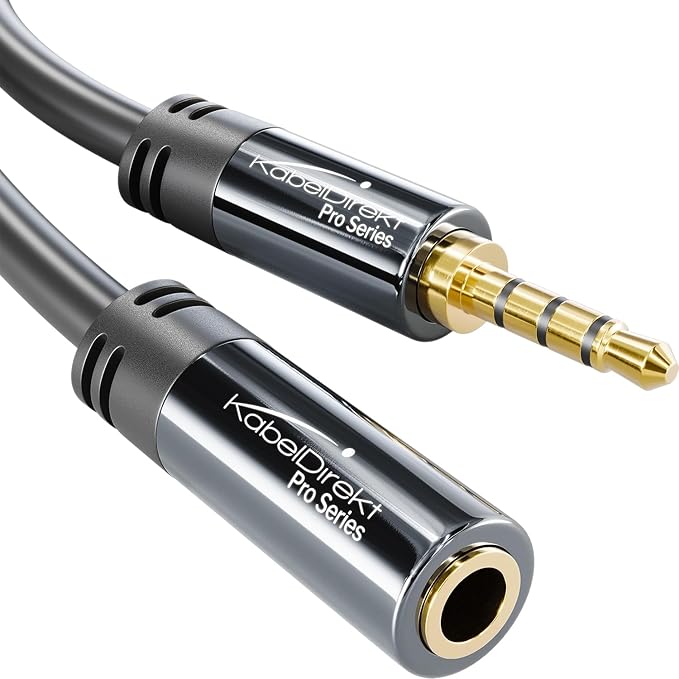 KabelDirekt – Headset Extension Cable – 1ft – Headphone Extension Cord with Break-Proof Metal Plug for Gaming Headsets & Headphones with Microphone, TRRS, 4-Pole, 3.5mm Male to Female
