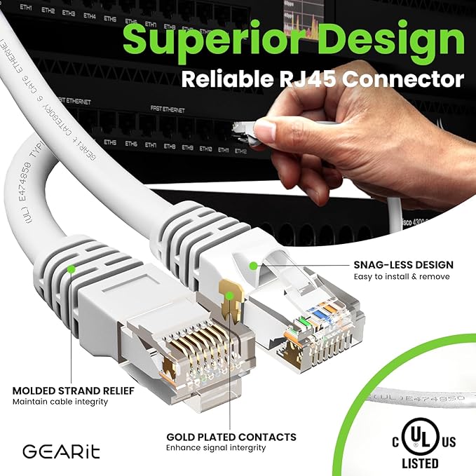GEARit Cat 6 Ethernet Cable (1-Pack 14 Feet) Cat6 Network Patch, 10Gbps, RJ45, Snagless Cord, Gold-Plated Connectors, Internet for PC, TV, Tablet, Router, Printer, Servers, IT Data Center - White