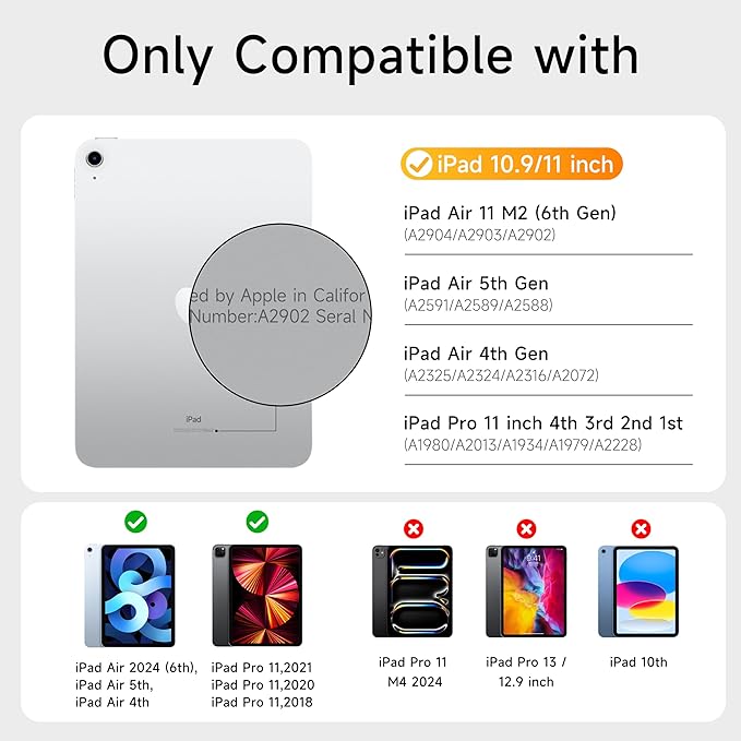 HOU iPad Air 11 Case with Keyboard (M3 2025, M2 2024) Detachable Rotatable Magnetic Full Protection Case, 7-Color Backlight, Touchpad, Elastic Pen Holder for iPad Pro 11 (4th-1st) & Air (5/4th)–White