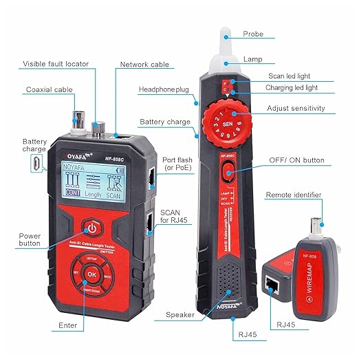 NOYAFA NF-858C Network Cable Tester Multifunctional with VFL Function,RJ11 RJ45 BNC,POE Voltage Testing Trace Cable Line Locator for Telephone/Ethernet/LAN Coax Cable Rechargeable Anti-Interference