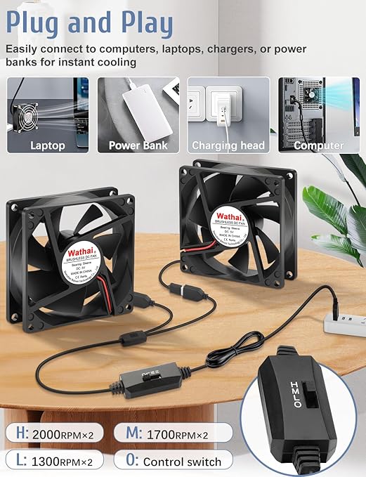 Wathai 80mm x 80mm x 25mm USB Fan 5V for Computer Laptop Router DVR Xbox Cooling 2 Packs