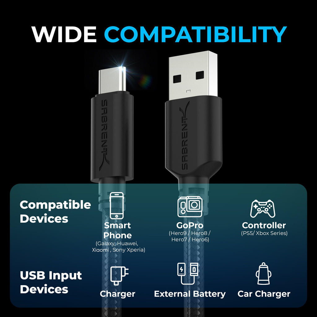 SABRENT USB-C to USB-A 3.0 Cable, 6ft, 3-Pack, Black (CB-C3X6)