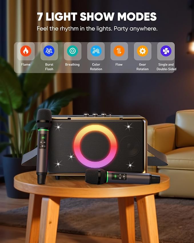 GFEEN Portable Bluetooth Speaker: 100W(160W Peak), 15H Playtime, Wireless Speakers with Microphone, 5″ Subwoofer, Loud Sound, Light Show, Fast Charging for Outdoor, Party, Backyard(Gold with 2Mic)