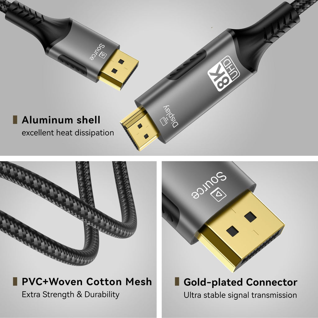 FDBRO 8K DisplayPort to HDMI Cable Uni-Directional Braided Cord-3M (10FT)