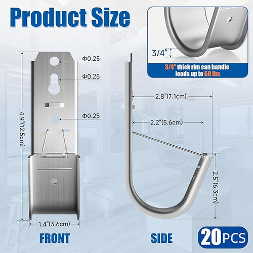 20 Pack J Cable Hook with Retainer Clip,2" J-Hook for Hanging Cable & Wire