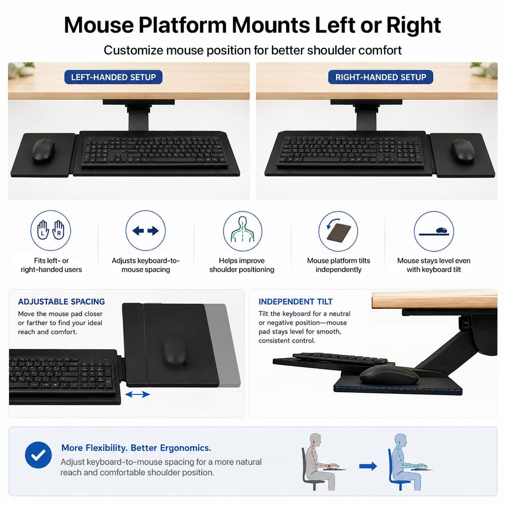 KT1 Ergonomic Keyboard Tray Under Desk, Under Desk Slide Out Tray with Adjustable Height and Tilt, Easy to Slide and Swivel 360 Degree, Keyboard Drawer with Adjustable Mouse Pad