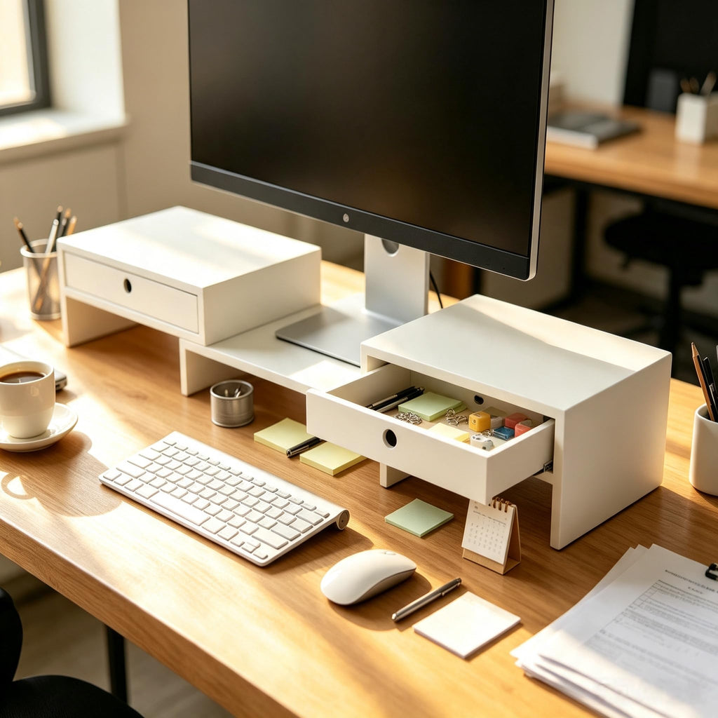 LAPTAIN Monitor Stand Riser, Adjustable Monitor Stand, 2 Drawers, White