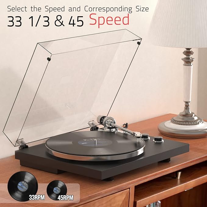 Turntables Belt-Drive Record Player with Wireless Output Connectivity, Vinyl Player Support 33&45 RPM Speed Phono Line USB Digital to PC Recording with Advanced Magnetic Cartridge&Counterweight Black