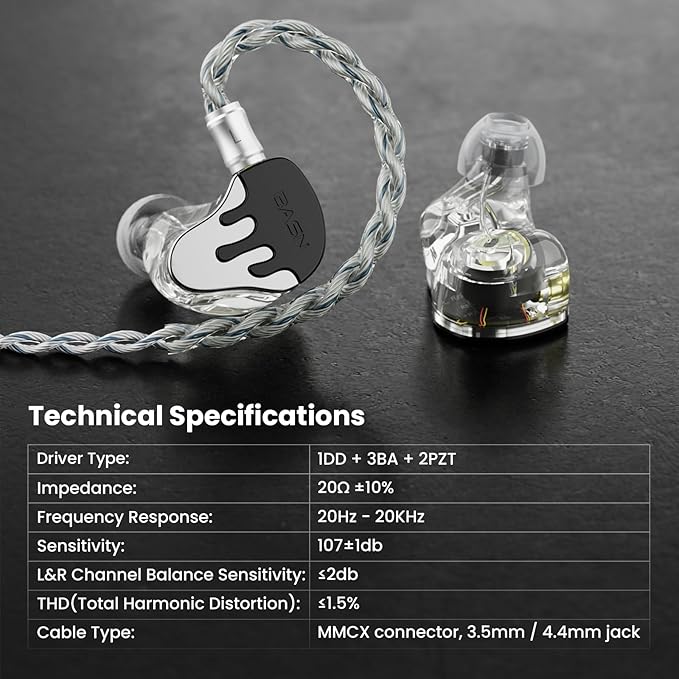 BASN BmasterX in Ear Audio Monitor, Hybrid 6 Drivers IEM Earphones with Crystal Clear Sound, Detachable Cable Plus Carrying Case & Fit Kit for Musician, Stage, Studio (3.5mm/4.4mm Jack, Black/White)