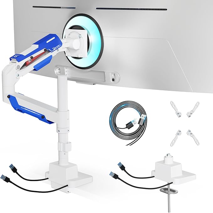ARES WING Single Monitor Mount with USB, Ultrawide Monitor Arm for 24 to 57 Inch Heavy Duty Curved Screen, Adjustable Gas Spring Monitors Arm Stand up to 66LBS with 75/100/200 Vesa Mount, White