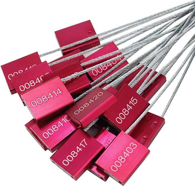 Leadseals(R) 200 Red Steel Cable Seals Metal Security Tag Numbered Truck Trailer Seal Anti-Tamper Pull-Tite Security Seal Aluminum Body Transport Shipping Seal Self-Locking Safety Ties ISO 17712