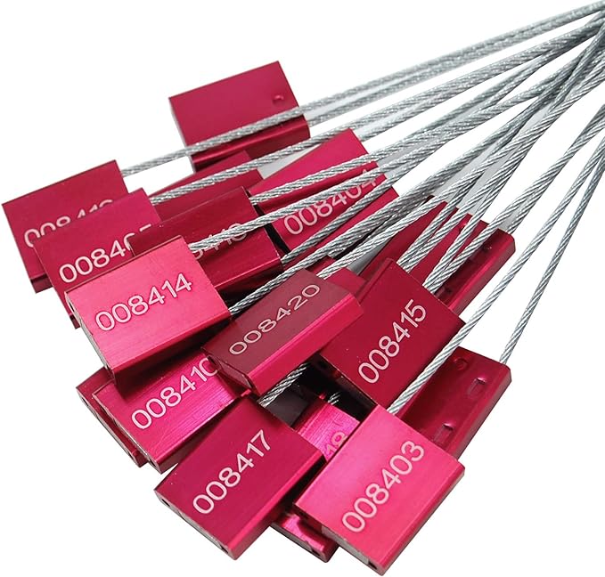 Leadseals(R) 1000 Red Steel Cable Seals Metal Security Tag Numbered Truck Trailer Seal Anti-Tamper Pull-Tite Security Seal Aluminum Body Transport Shipping Seal Self-Locking Safety Ties ISO 17712