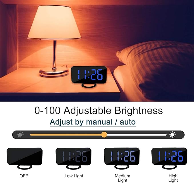 Digital Alarm Clock,Mirror Surface LED Electronic Clocks,with USB Charger,Snooze Model, Auto/Custom Brightness,for Office Table Bedroom Nightstand(Black-Blue)