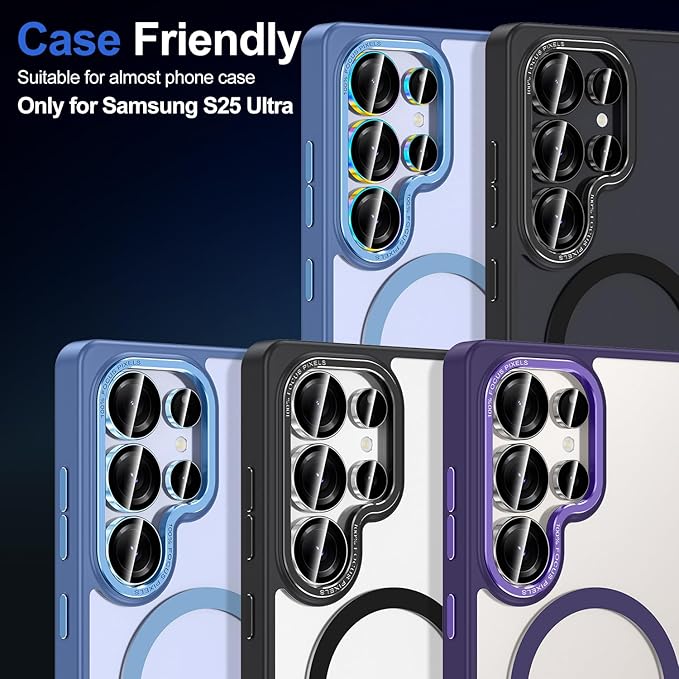 for Samsung Galaxy S25 Ultra Camera Lens Protector, Individual Metal Ring Tempered Glass Lens Cover, [Strong Adsorption] Scratch Resistant Ultra-Thin HD Clear Lens Cover, 1 Set-Black Ring