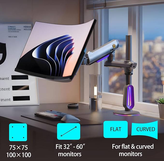 RGB Gaming Monitor-Arm for Flat/Ultrawide/Curved Monitors 32 to 60 inch, Heavy Duty Stand Load up to 20 kg, VESA 75/100 mm Monitor Mount G80