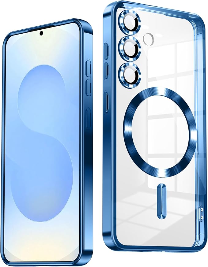 Slim Thin for Samsung Galaxy S25 Plus Case, Compatible with MagSafe, Built-in Camera Lens Protector, Shockproof Protective Phone Case, Soft Electroplated Clear Cover, Sapphire Blue
