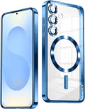 Slim Thin for Samsung Galaxy S25 Plus Case, Compatible with MagSafe, Built-in Camera Lens Protector, Shockproof Protective Phone Case, Soft Electroplated Clear Cover, Sapphire Blue
