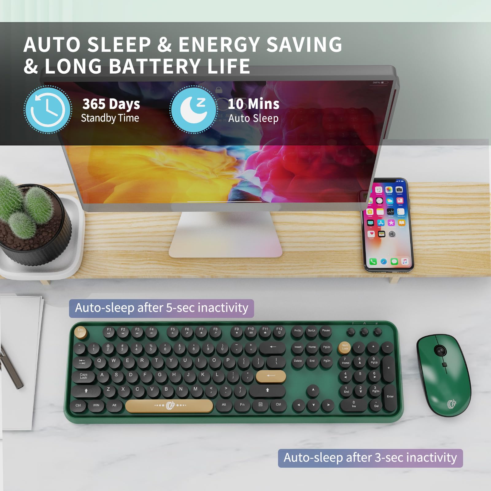 Green Wireless Keyboard and Mouse Combo,Typewriter Keyboard with Round Keys,2.4G Wireless Full Size Colorful Keyboard with Number Pad for Computer Laptop and Desktop