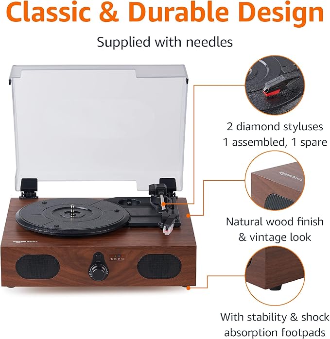 Amazon Basics Desktop Turntable Vinyl Record Player with Bluetooth and Built-in Speakers, 3-Speed, Black