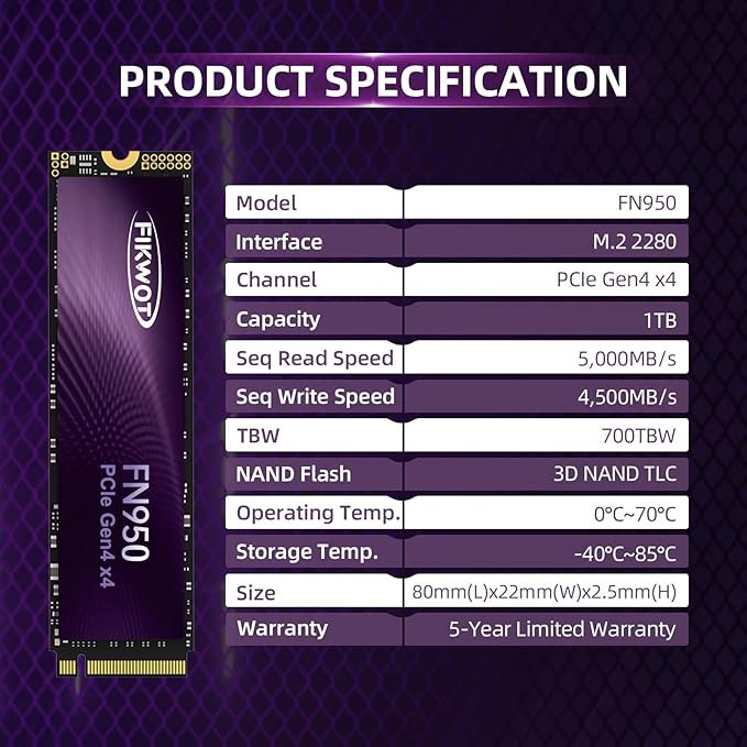 FN950 1TB NVMe SSD M.2 2280 PCIe Gen4x4, Up to 5000MB/s, Internal Solid State Drive, Configure SLC Cache, Storage and Memory Expansion for PS5 Laptop Desktop