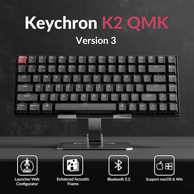 Keychron K2 75% Layout QMK Wireless and Wired Options Mechanical Keyboard Super Red Switch, Paired with Shine-Through Double-Shot PBT Keycaps for Mac Windows-Version 3