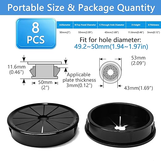8 Pcs Cable Grommet, Snap Bushing 2" (50 mm) Mounting Diameter, Flexible Petal-Shaped Buckle Round Nylon Desk Grommet for Wires Through Countertop Cord Organizer and Protection, Black