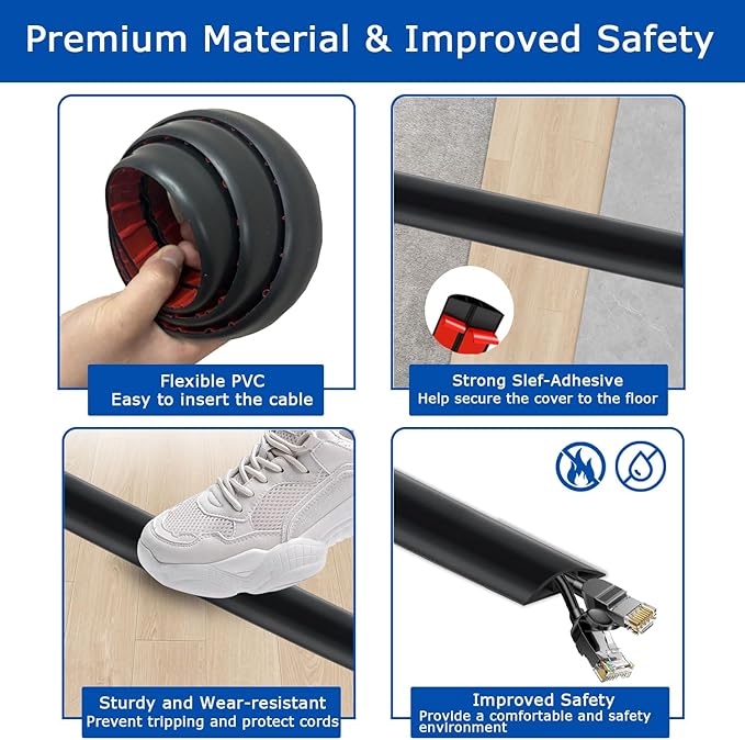 4ft Floor Cord Cover,Cord Hider Floor Black,Extension Cable Cover Power Cord Protector Floor,Floor Cable Management Prevent Cable Trips,Cord Protector Cord Cavity:0.47" (W) x 0.24" (H)