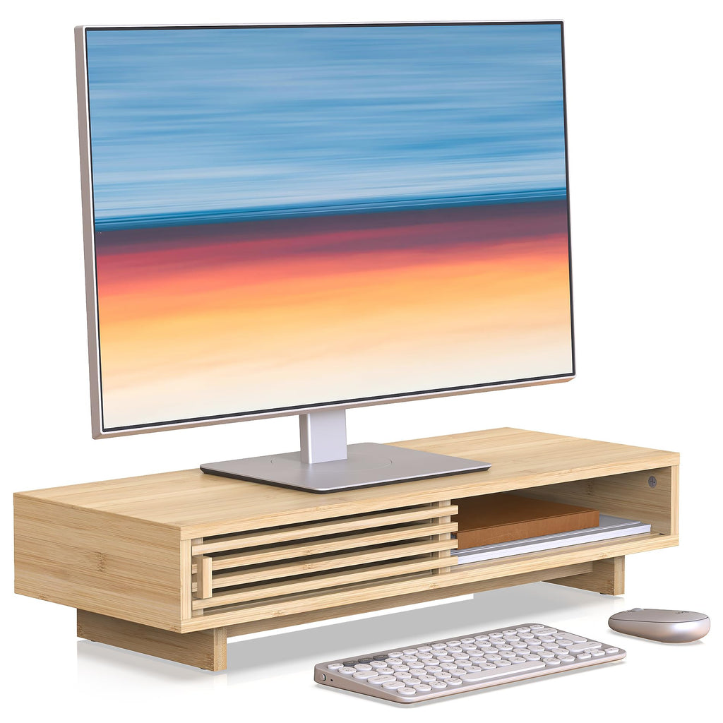 WELL WENG 25" Monitor Stand with Sliding Doors Desk Shelf Bamboo