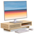 WELL WENG 25" Monitor Stand with Sliding Doors Desk Shelf Bamboo