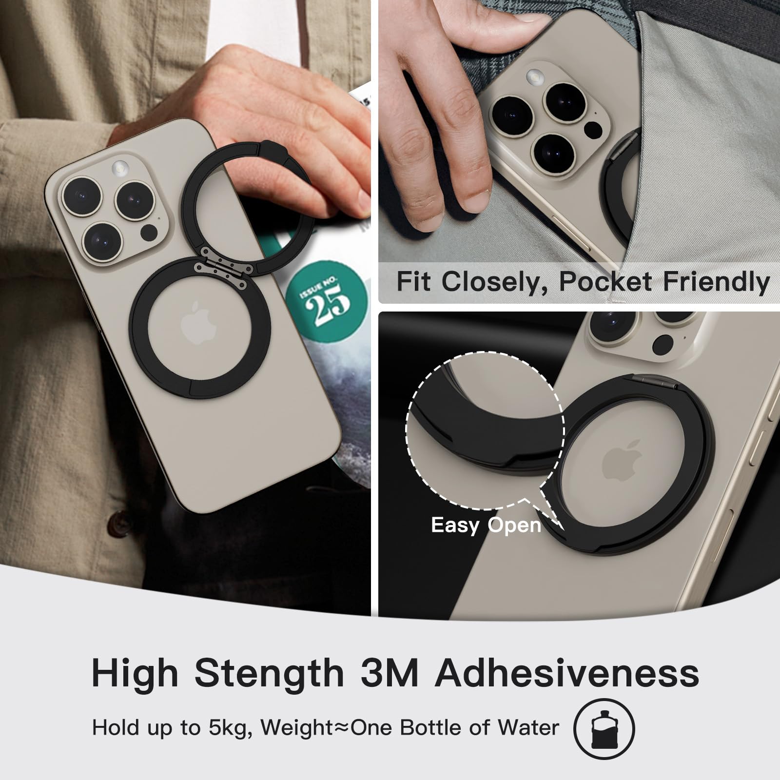 COOLQO 1Pc 360 Spin Cell Grip Ring Phone Stand [Upgrade Gear Hinge Stress Anxiety Relief] Magnetic Holders for Your car Accessories Desk Mount Compatible with iPhone All Smartphones, Black