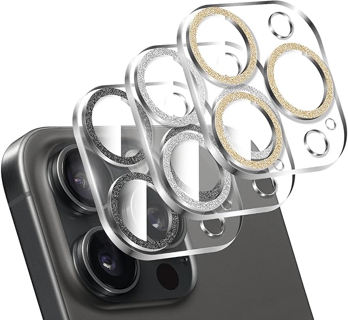 LucBuy 3PCS Sparkling Camera Lens Protector for iPhone 12 Pro Max, Full Clear Acrylic Cover with Shiny Colorful Glitter Designed Decoration Back Camera Protector