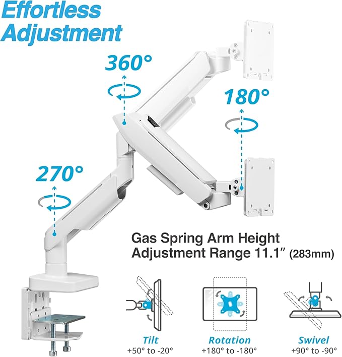AVLT RGB Lights Single 17”-49” Gaming Monitor Arm Desk Mount, Fits One Flat/Curved/Ultrawide Screen up to 44lbs(20kg), Height Swivel Tilt Adjustable Stand - White