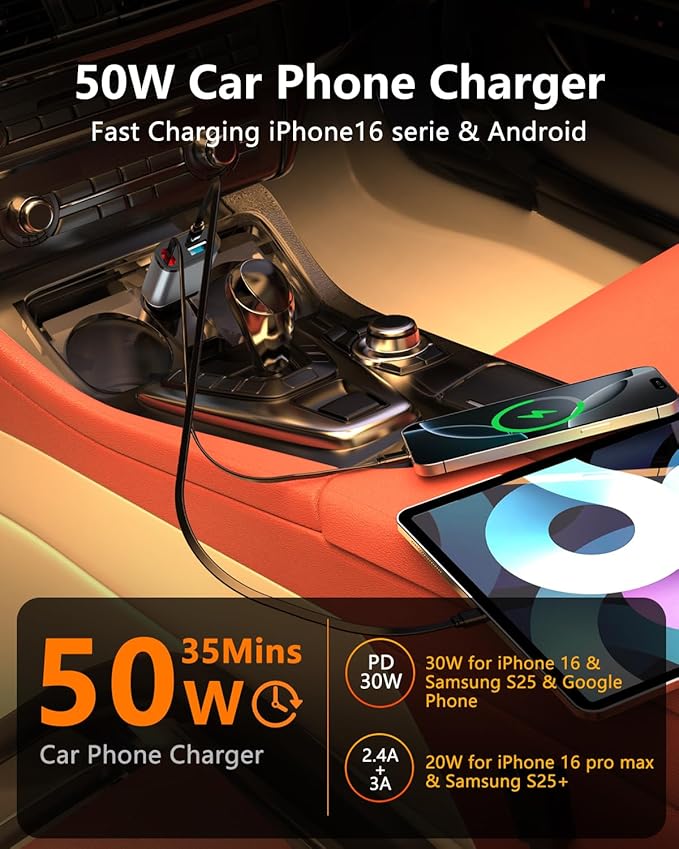 Retractable Car Charger, 3 in 1 Fast Car Phone Charger 50W, 1 TypeC Retractable Cables and USB Port, Compatible with iPhone 16/15/14/13/12/11,Galaxy,Pixel