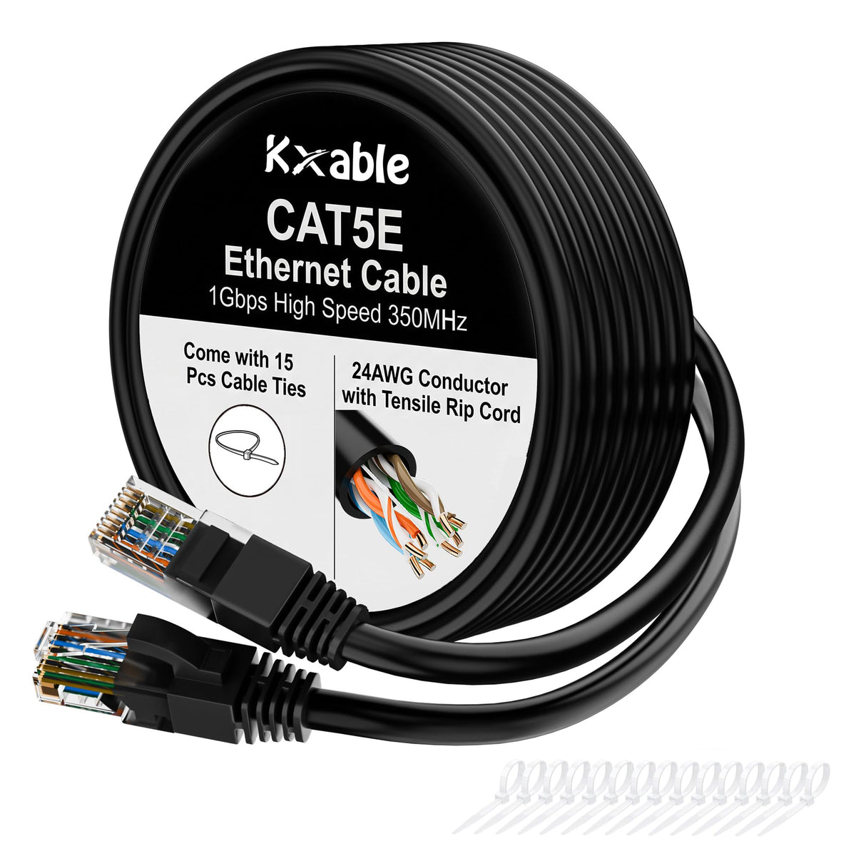 Cat5e Ethernet Cable 50 FT, Long Cat 5e Internet Cable, Yellow Snagless Patch Cord, Flexible, Network, LAN, PoE, Standard RJ45 Connector for PC, Server, Router, Modem, TV, PS5 - with 15 Cable Ties