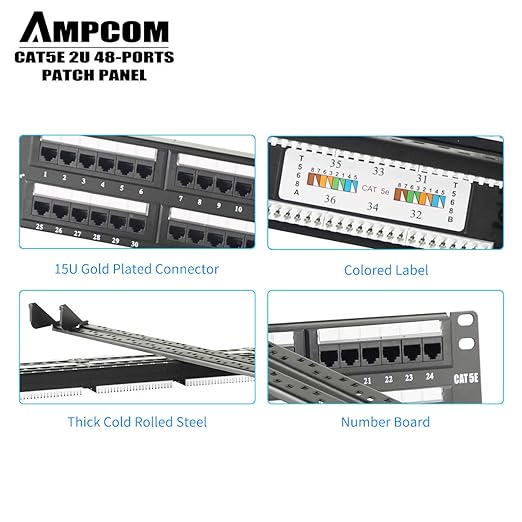 AMPCOM Premium Series CAT5/5e 48 Ports Patch Panel, Rack Mount - 2U, 19 inch, RJ45 Ethernet 568A 568B, 30u Gold Plated, with Rear Cable Support Bar