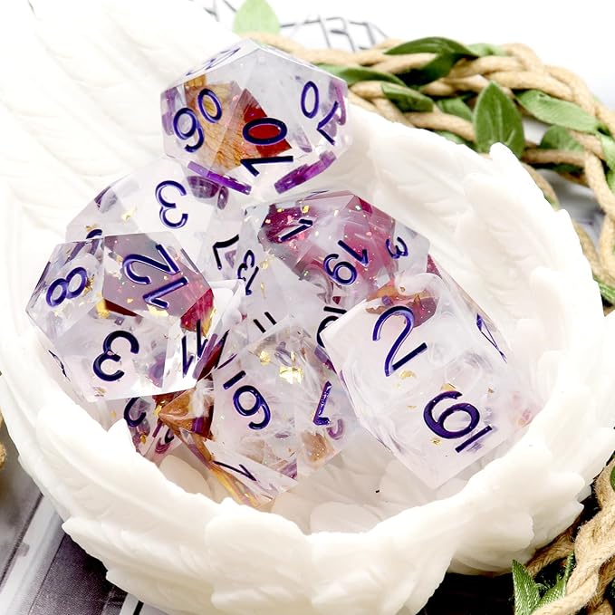 Haxtec DND Dice Set Rose Flower Sharp Edge Dice with Dice Case Handmade White Red Resin D&D Dice Set Purple Numbers for TTRPGs Compatible with Dungeons and Dragons Gifts