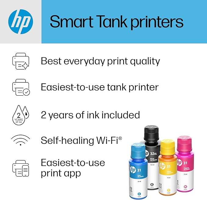 HP Smart Tank 5000 Wireless All-in-One Ink Tank Printer with up to 2 years of ink included, mobile print, scan, copy