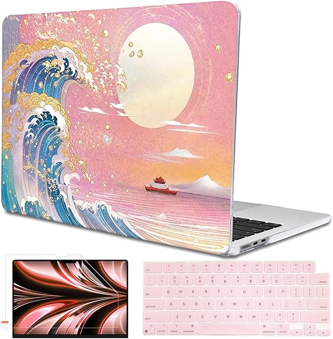 for MacBook Air 13.6 inch Case 2025 M4 A3240 2024 M3 A3113 2022 2023 A2681 M2 Chip, Crystal Plastic Pattern Hard Shell Case Cover for Mac Air 13.6 M4 2025 Touch ID, Sunset Glow Waves