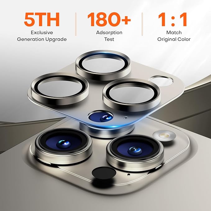 Camera Lens Protector for iPhone 16 Pro Max/16 Pro/15 Pro Max/15 Pro/14 Pro Max/14 Pro, Aluminum Alloy Sapphire Glass Camera Screen Cover, Case Friendly- Natural Titanium